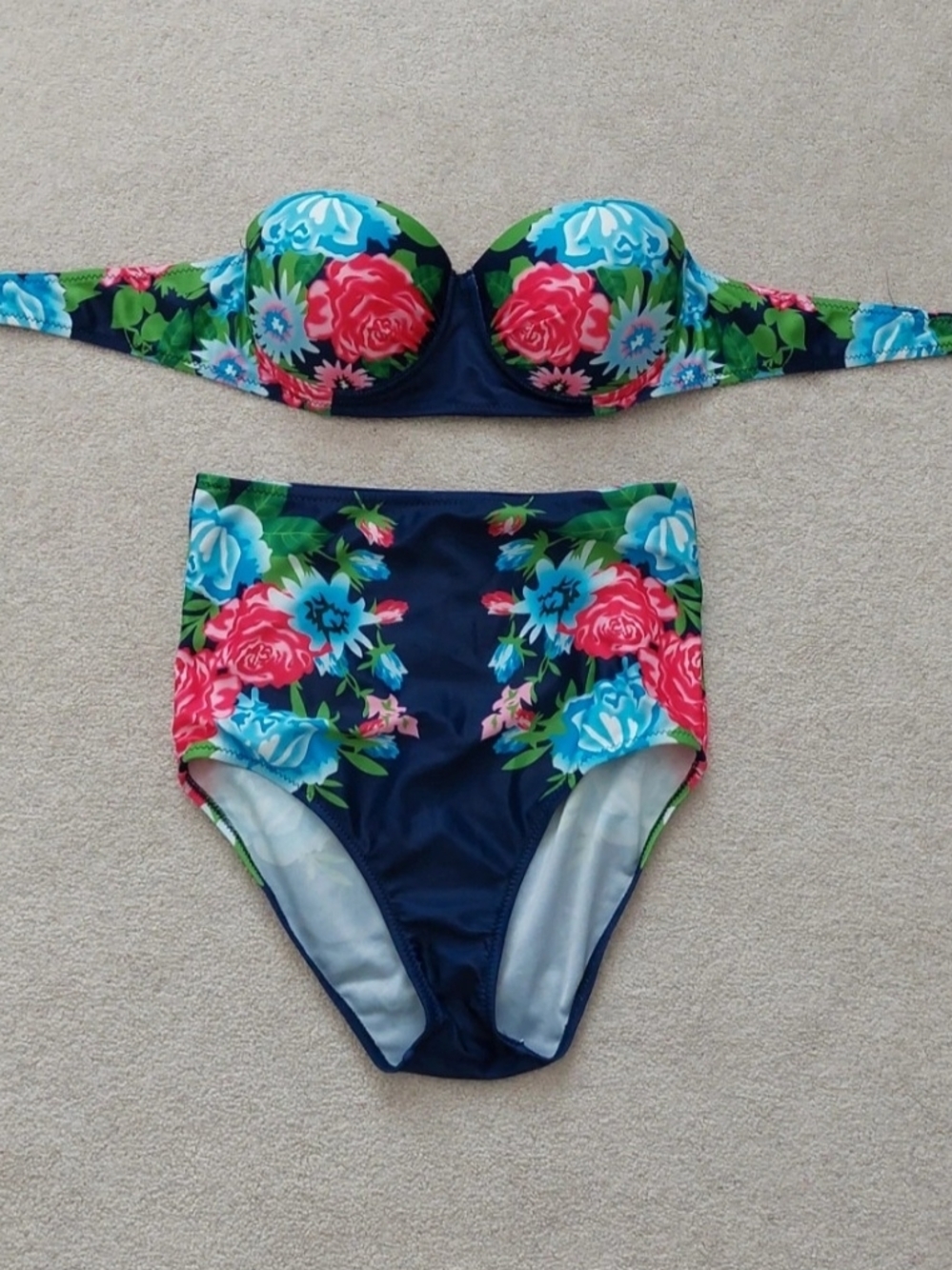 Navy Floral High-Waist Bikini Set - Pink & Blue Roses